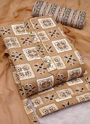 Chikoo Cotton Printed Unstitched Suit With Nazneen Dupatta 3