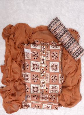 Peach Cotton Printed Unstitched Suit With Nazneen Dupatta 1