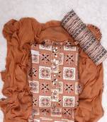 Peach Cotton Printed Unstitched Suit With Nazneen Dupatta