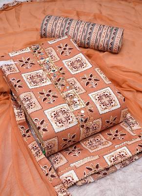 Peach Cotton Printed Unstitched Suit With Nazneen Dupatta 3