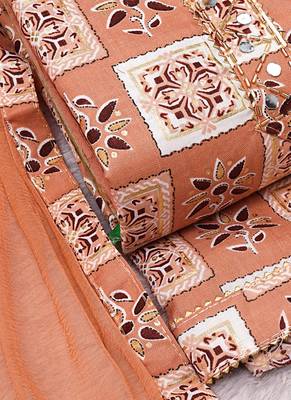 Peach Cotton Printed Unstitched Suit With Nazneen Dupatta 4