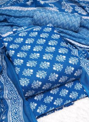Sky Blue Cotton Floral Unstitched Suit With Cotton Dupatta 3