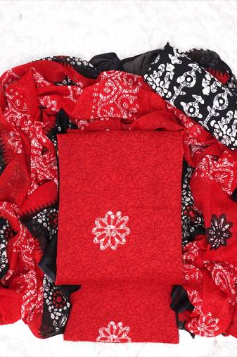Red American Crepe Printed Unstitched Suit With Chiffon Dupatta