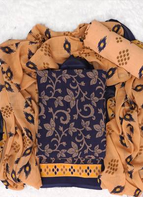 Navy Blue American Crepe Printed Unstitched Suit With Chiffon Dupatta 1
