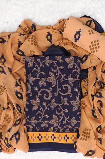 Navy Blue American Crepe Printed Unstitched Suit With Chiffon Dupatta