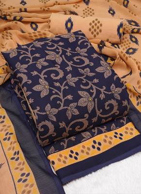 Navy Blue American Crepe Printed Unstitched Suit With Chiffon Dupatta 3