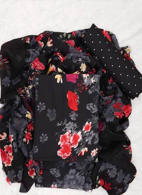 Black American Crepe Printed Unstitched Suit With Chiffon Dupatta 1