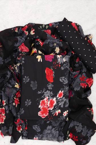 Black American Crepe Printed Unstitched Suit With Chiffon Dupatta