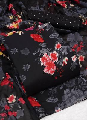 Black American Crepe Printed Unstitched Suit With Chiffon Dupatta 3