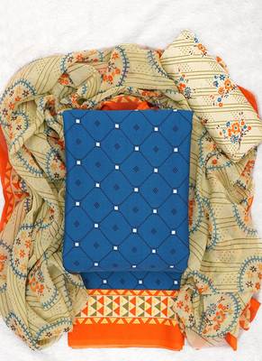 Blue American Crepe Printed Unstitched Suit With Chiffon Dupatta 1