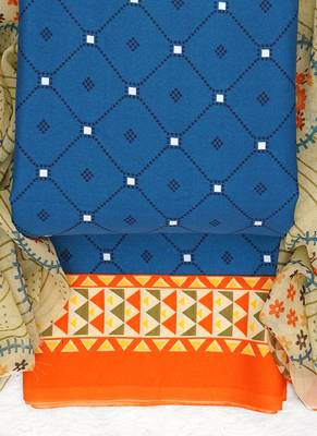 Blue American Crepe Printed Unstitched Suit With Chiffon Dupatta 2
