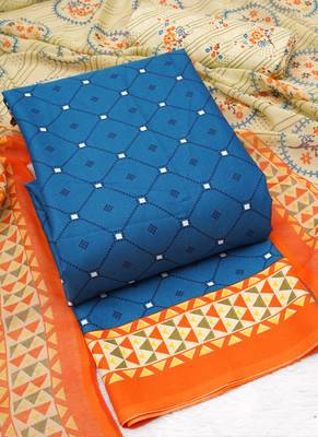 Blue American Crepe Printed Unstitched Suit With Chiffon Dupatta 3