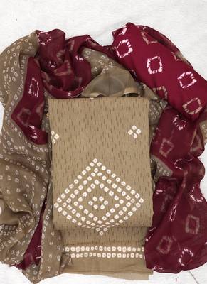 Beige American Crepe Printed Unstitched Suit With Chiffon Dupatta 1