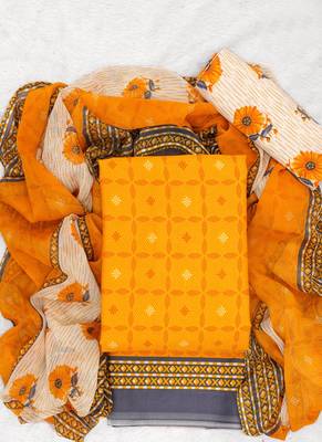 Yellow American Crepe Printed Unstitched Suit With Chiffon Dupatta 1