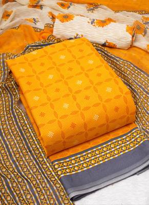 Yellow American Crepe Printed Unstitched Suit With Chiffon Dupatta 3