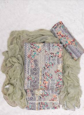 Sea Green Cotton Printed Unstitched Suit With Nazneen Dupatta 1