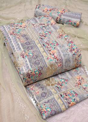 Sea Green Cotton Printed Unstitched Suit With Nazneen Dupatta 3