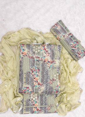 Light Lime Cotton Printed Unstitched Suit With Nazneen Dupatta 1