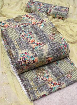 Light Lime Cotton Printed Unstitched Suit With Nazneen Dupatta 3