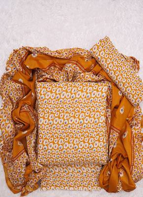 Yellow Cotton Printed Unstitched Suit With Cotton Dupatta 1