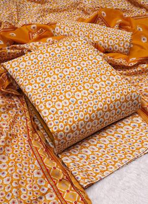 Yellow Cotton Printed Unstitched Suit With Cotton Dupatta 3