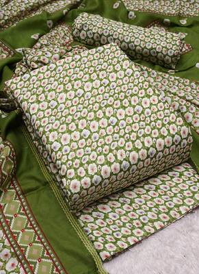 Green Cotton Printed Unstitched Suit With Cotton Dupatta 3