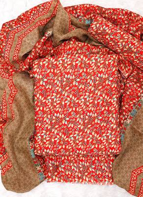 Red Cotton Printed Unstitched Suit With Cotton Dupatta 1