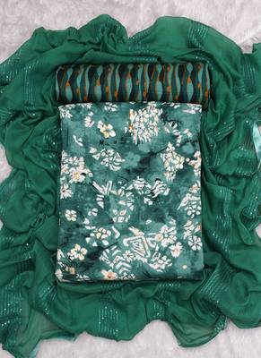 Turquoise Indo Foil Print Suit With Crosset Dupatta 1