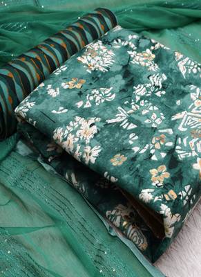 Turquoise Indo Foil Print Suit With Crosset Dupatta 4