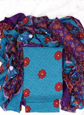 Sky Blue Cotton Geometric Unstitched Suit With Cotton Dupatta 1