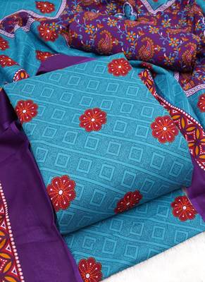 Sky Blue Cotton Geometric Unstitched Suit With Cotton Dupatta 3