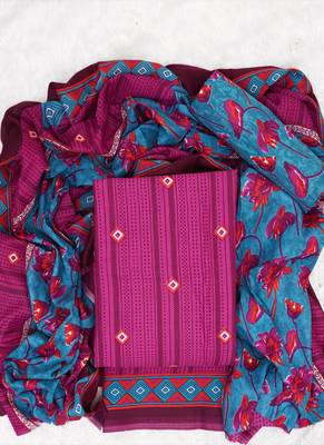 Rani Pink Cotton Geometric Unstitched Suit With Cotton Dupatta 1