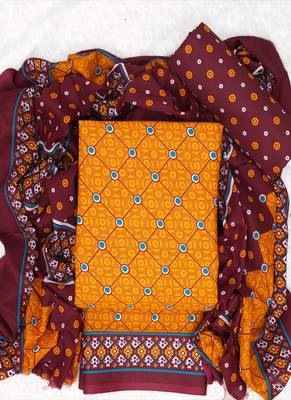 Yellow Cotton Geometric Unstitched Suit With Cotton Dupatta 1