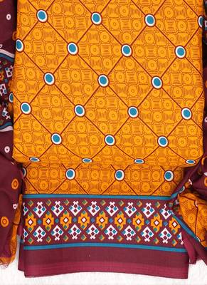 Yellow Cotton Geometric Unstitched Suit With Cotton Dupatta 2