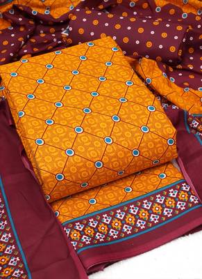 Yellow Cotton Geometric Unstitched Suit With Cotton Dupatta 3