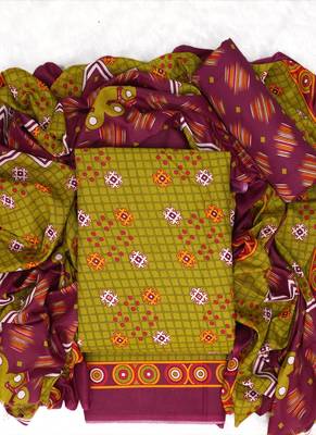 Olive Cotton Geometric Unstitched Suit With Cotton Dupatta 1