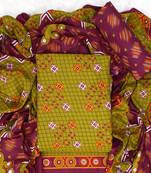 Olive Cotton Geometric Unstitched Suit With Cotton Dupatta