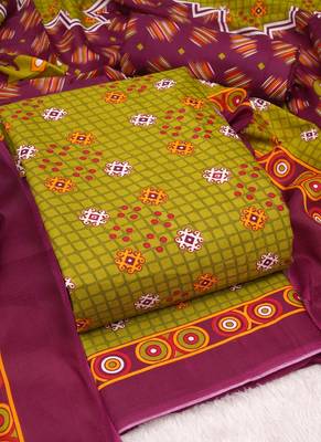 Olive Cotton Geometric Unstitched Suit With Cotton Dupatta 3