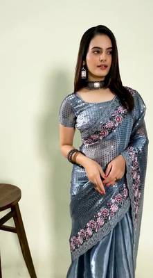 grey Colour Beautiful Jimmychu Silk heavy Work Saree WITH UN-STITCHED BLOUSE 1