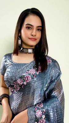 grey Colour Beautiful Jimmychu Silk heavy Work Saree WITH UN-STITCHED BLOUSE 2