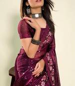 Wine Colour Beautiful Jimi Silk Heavy Work Saree WITH UN-STITCHED BLOUSE