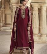 Dark crimson color dola silk semi stitched embroidered designer suit