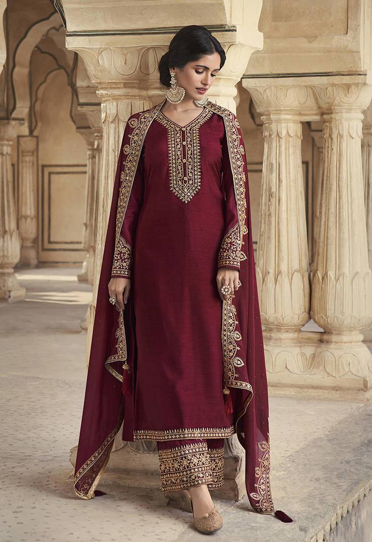 Dark crimson color dola silk semi stitched embroidered designer suit