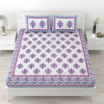 Premium 100% cotton king size purple color flower printed double bedsheet (90x108 inch) 1