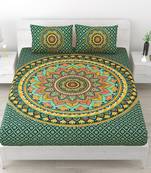 Premium 100% cotton king size green color mandala printed double bedsheet (90x108 inch)