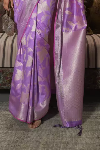 Kimisha women's purple silk blend woven saree with unstitched blouse piece