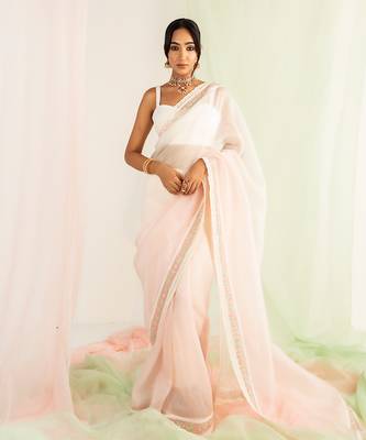 Ivory & pink embroidered organza saree set 1