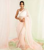 Ivory & pink embroidered organza saree set