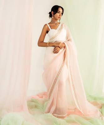 Ivory & pink embroidered organza saree set 2