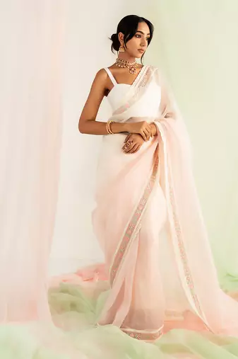 Ivory & pink embroidered organza saree set